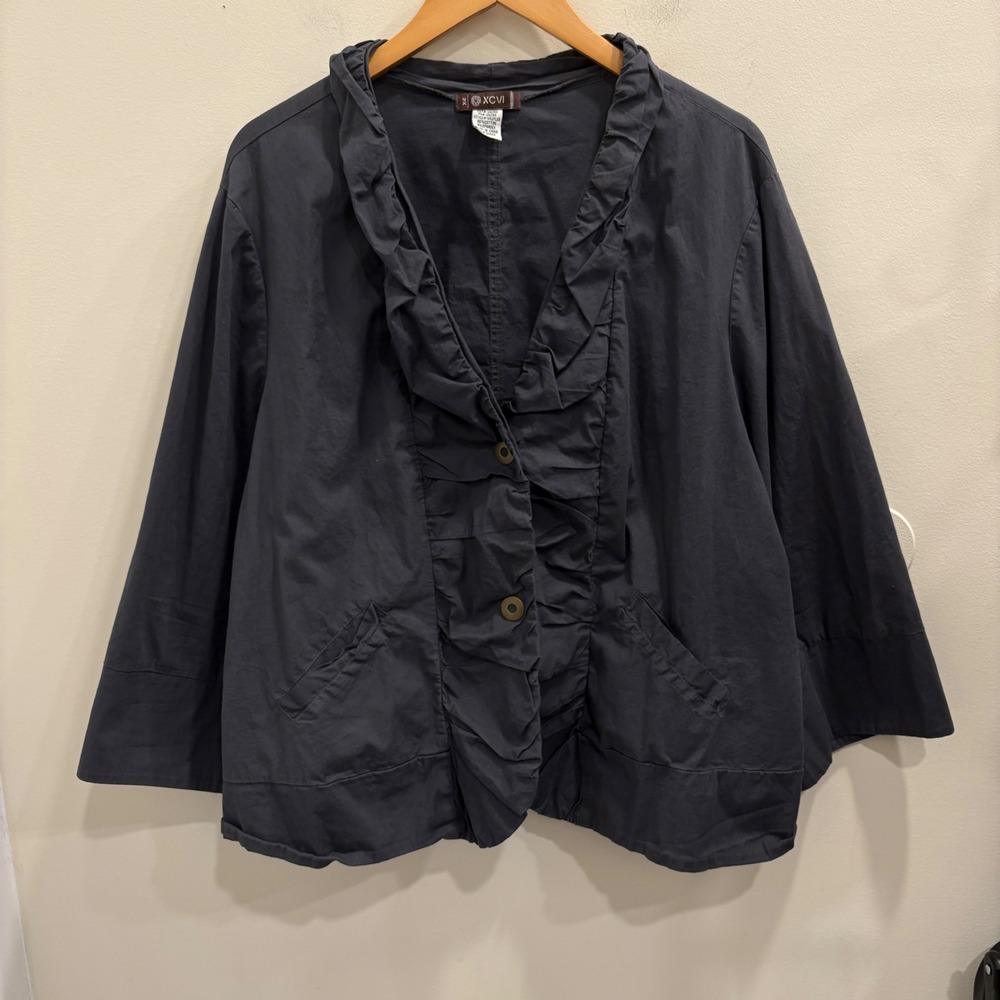 XCVI Womens 2X Gray Ruffle Collar Cotton Stretch Snap Front Jacket Lagenlook